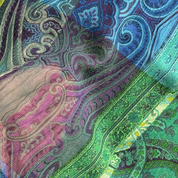 Liz Claiborne Top Womens L Green Blue Paisley Popover Blouse Sheer Silver Button - Picture 7 of 13